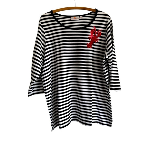 🩵Quaker Factory 1X 3/4 Sleeve Women’s Top Black Striped Lobster Sequins - Picture 2 of 12